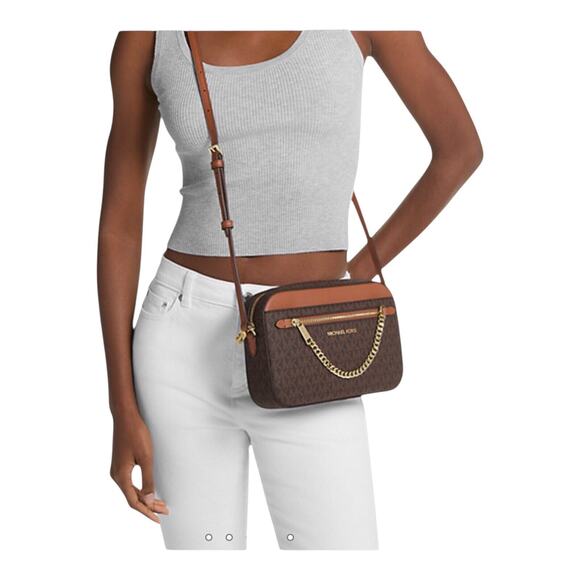 Michael Kors Jet Set Item Large Logo Brown Zip Chain Crossbody Bag NWT - Picture 1 of 16